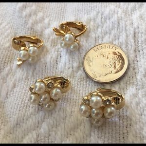 2 pairs rhinestone & pearl clip on earrings, small and delicate